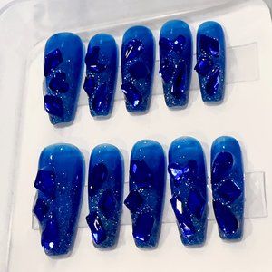 Hand-made dark blue Galaxy diamond party nail |Press on Nails| |Crystal Diamond|